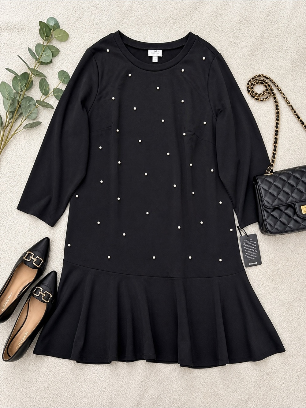 Avenue Drop Waist Pearl Dress 22/24 Black Minimalist Chic Workwear Midi NWT C71